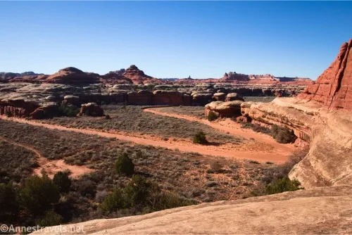 A desert canyon with a red wash and brush in the bottom with rock formations in the distance