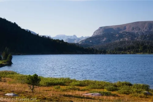 Evening light on Island Lake with hazy distant mountains