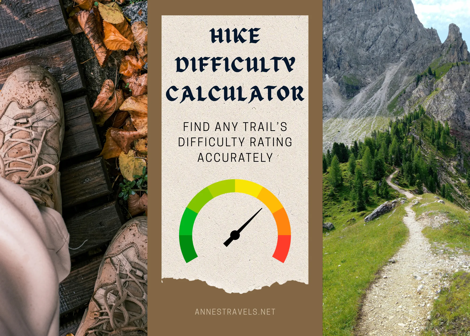 Photos of a hiking boot and a trail with a difficulty gauge and the text Hike Difficulty Calculator