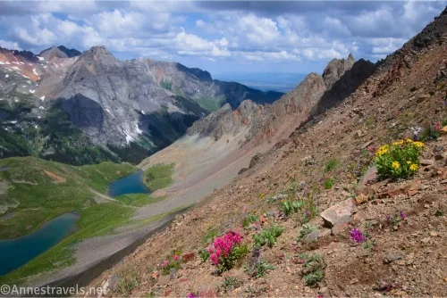 Pink and yellow wildflowers on the slopes of a red mountains with views down to two blue lakes in a meadow