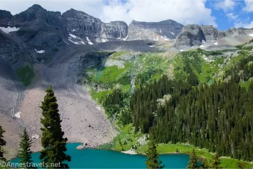 Mountains, meadows, and forests above a very blue lake