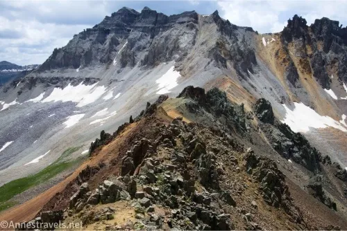 Rocky crags and a rocky ridgeline with brown and gray dirt and rocks 