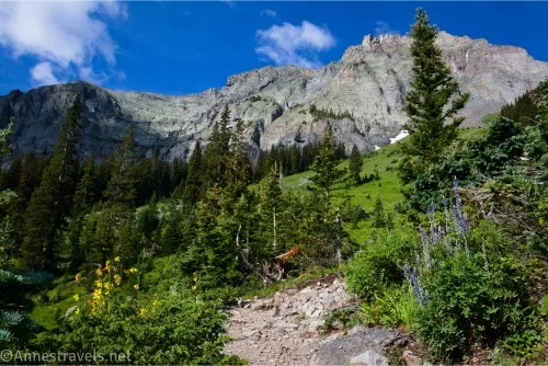 Meadows and a rocky trail gives way to craggy peaks and blue skies with clouds