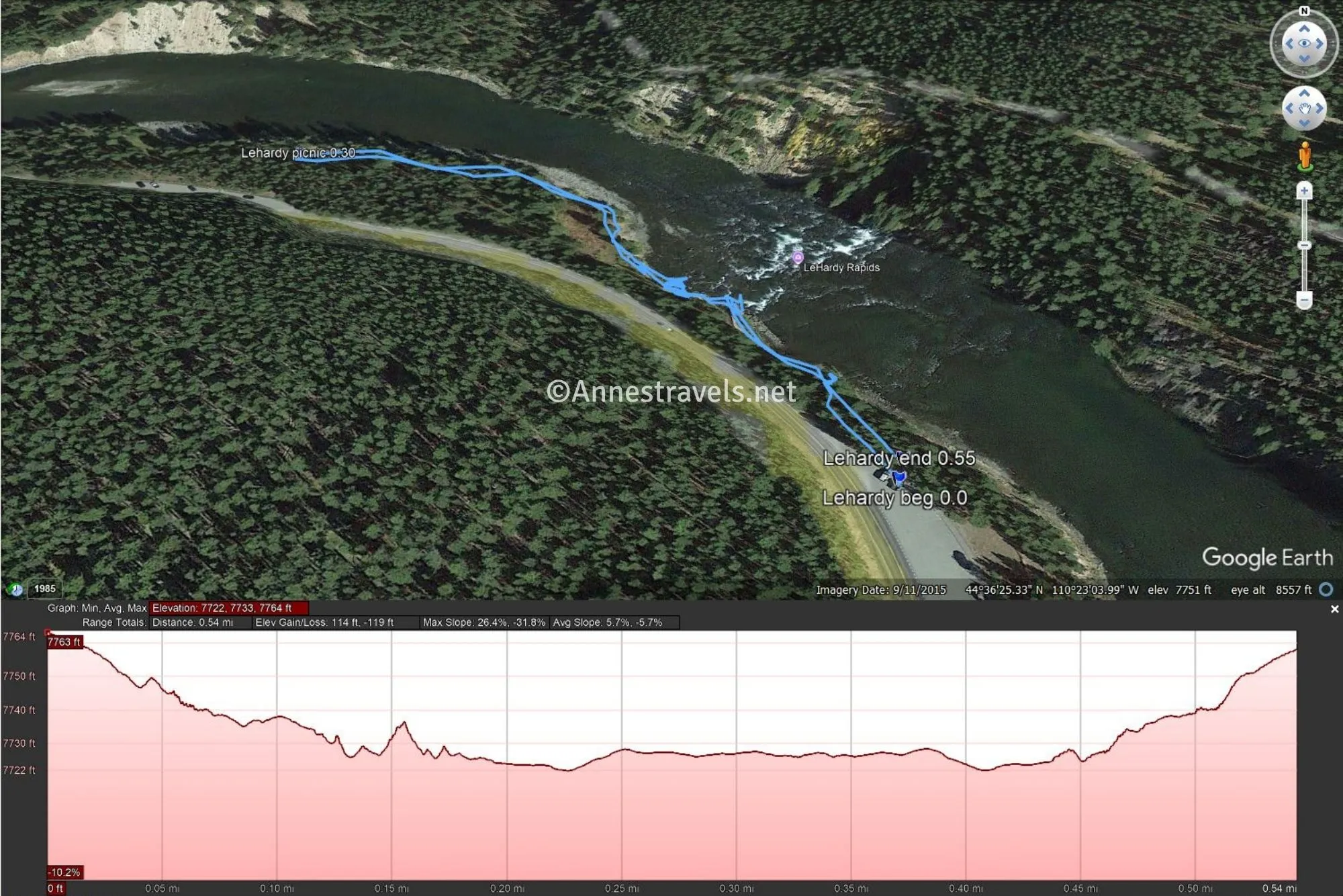 Aerial map with a blue line indicating the LeHardy Rapids Trail and a pink elevation profile