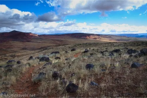 Clouds sail in a blue sky over a dark grassy plain with a red trail 