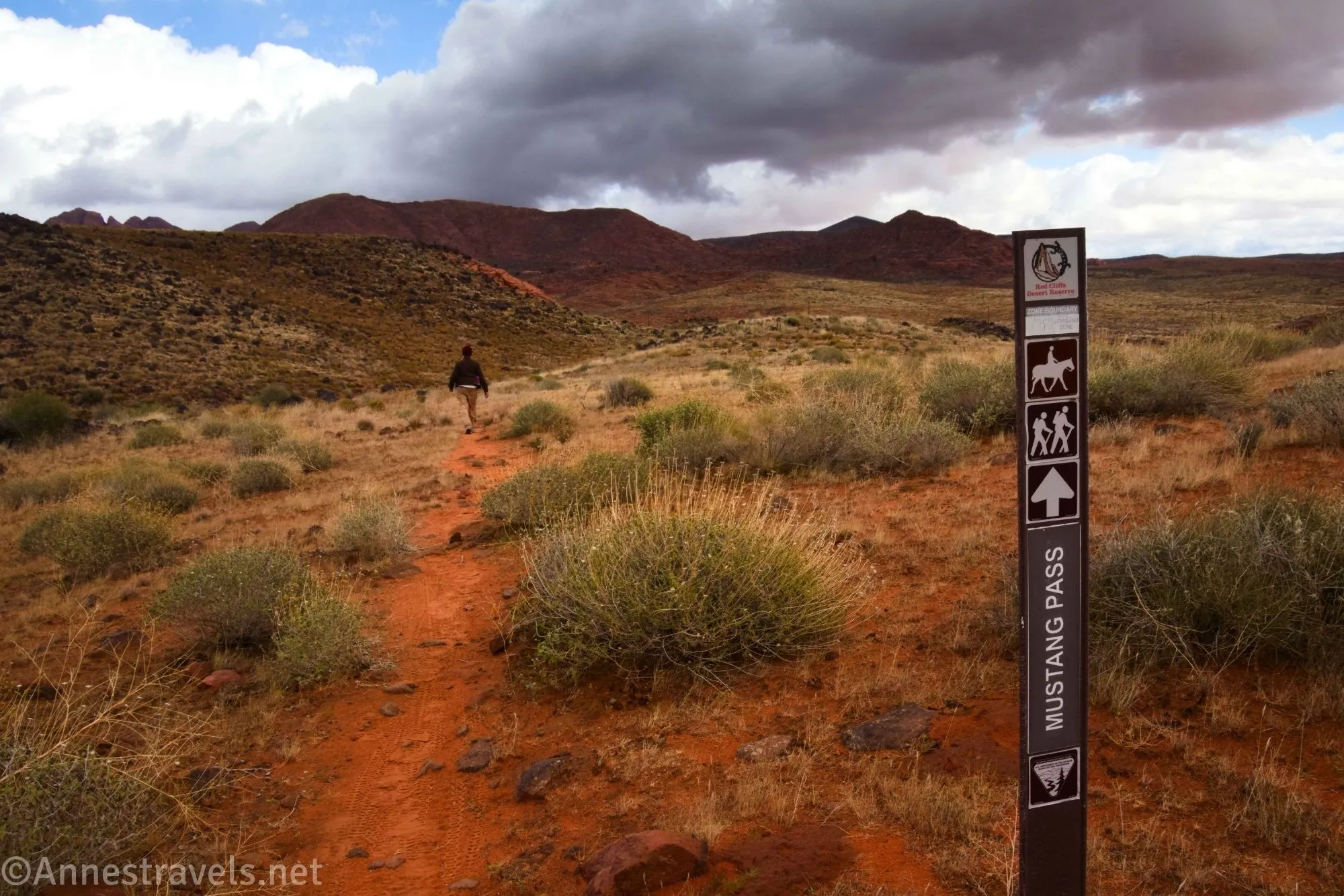 A brown trail sign beside a red path leading off into the desert toward distant hills and clouds
