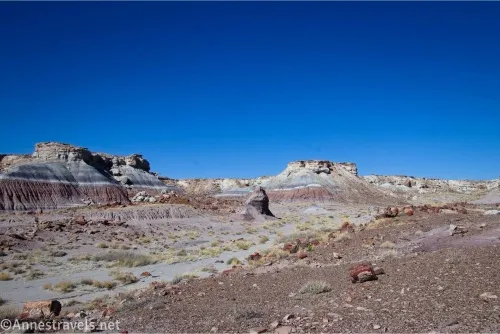 Striped badlands across a desert valley