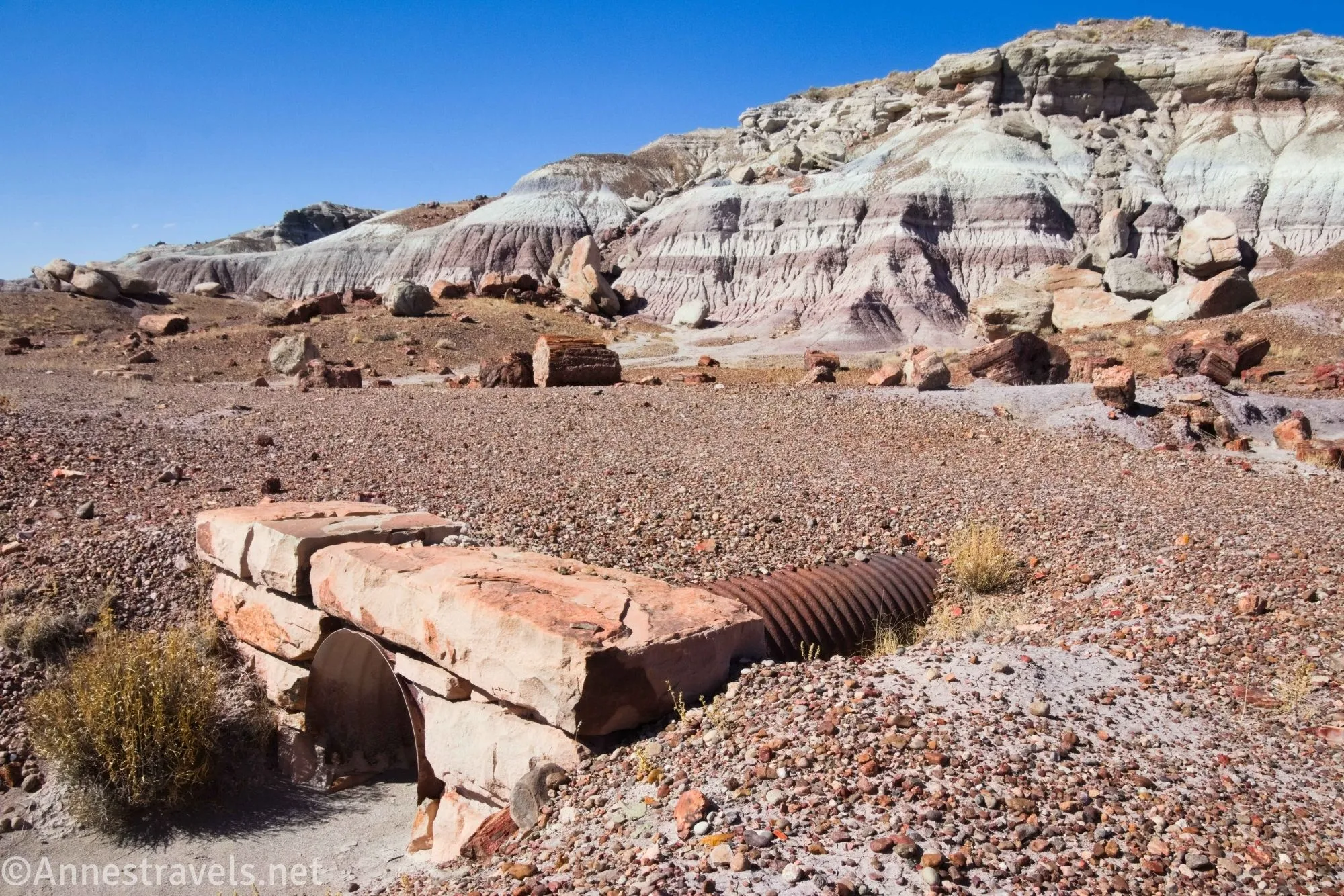 Badlands a petrified wood beside a roadbed and an old culvert