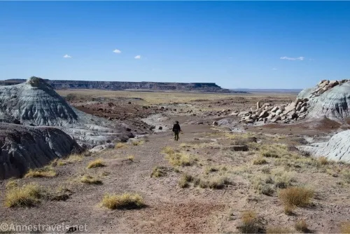 A hiker on an old roadbed walking down a desert plain between badlands toward a desert plain and distant cliffs