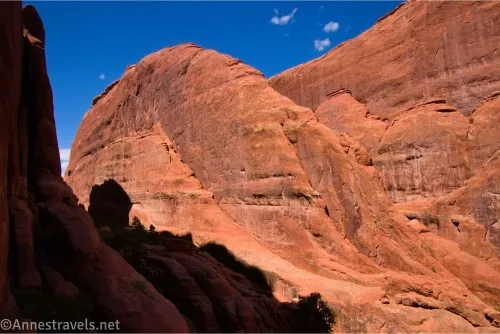 A huge sandstone fin in the Fiery Furnace slightly shadowed by the fin next to it