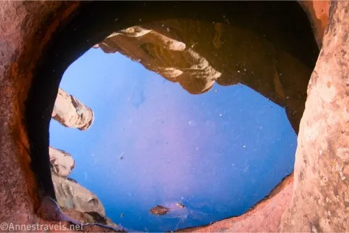 A pothole full of water with reflections of the sky and rock formations