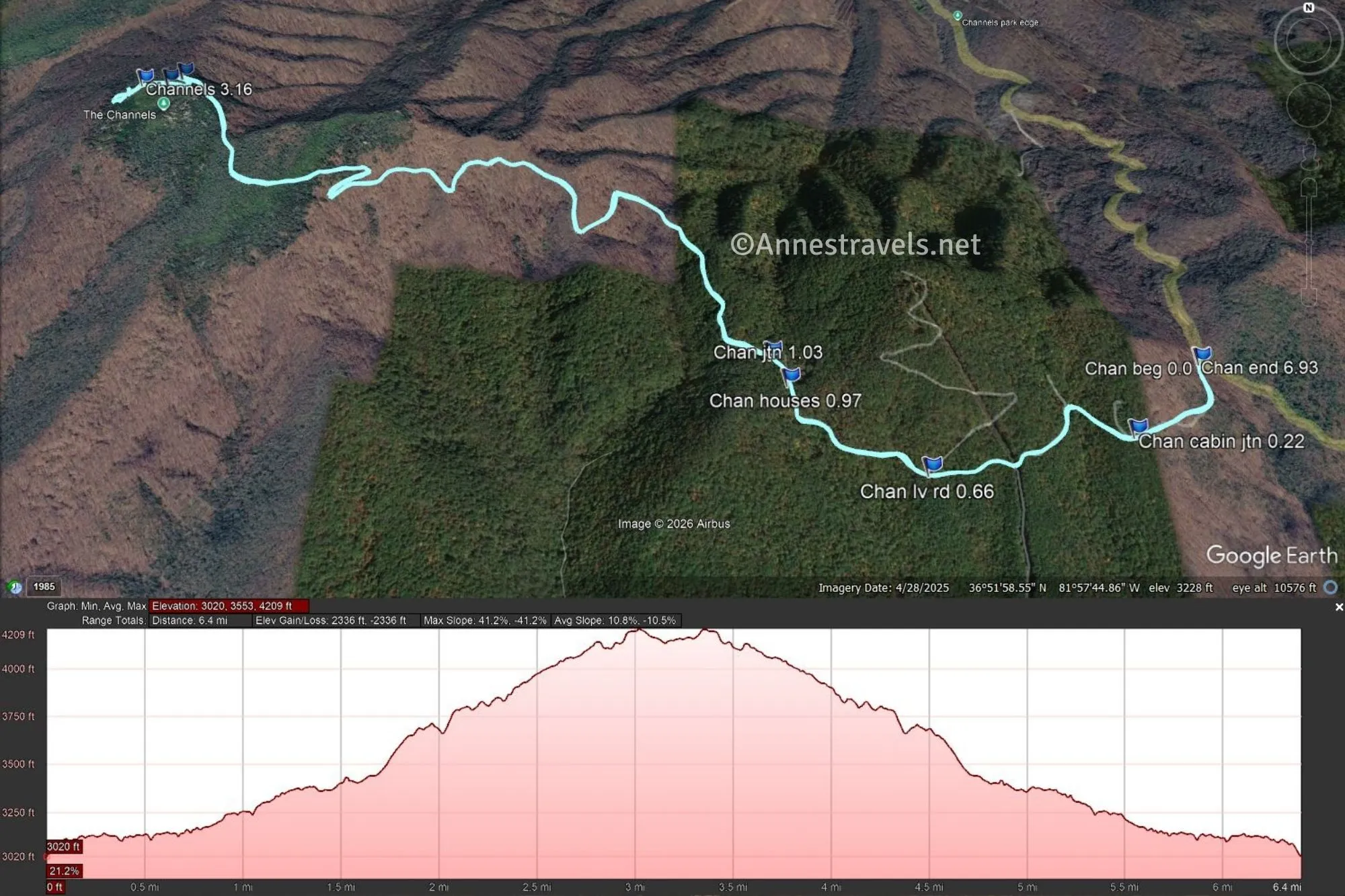Aerial map with a blue line marking the trail to the Great Channels and a pink line indicating elevation gain