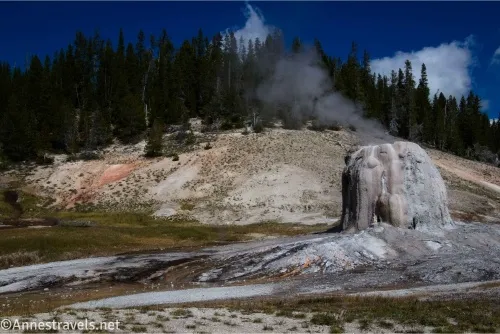 A slightly-smoking geothermal dome beside a geothermal hill topped with trees in front of a blue sky with white clouds 