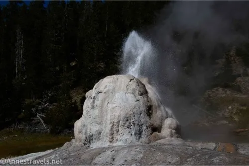 A geothermal dome spouts water against a dark background 