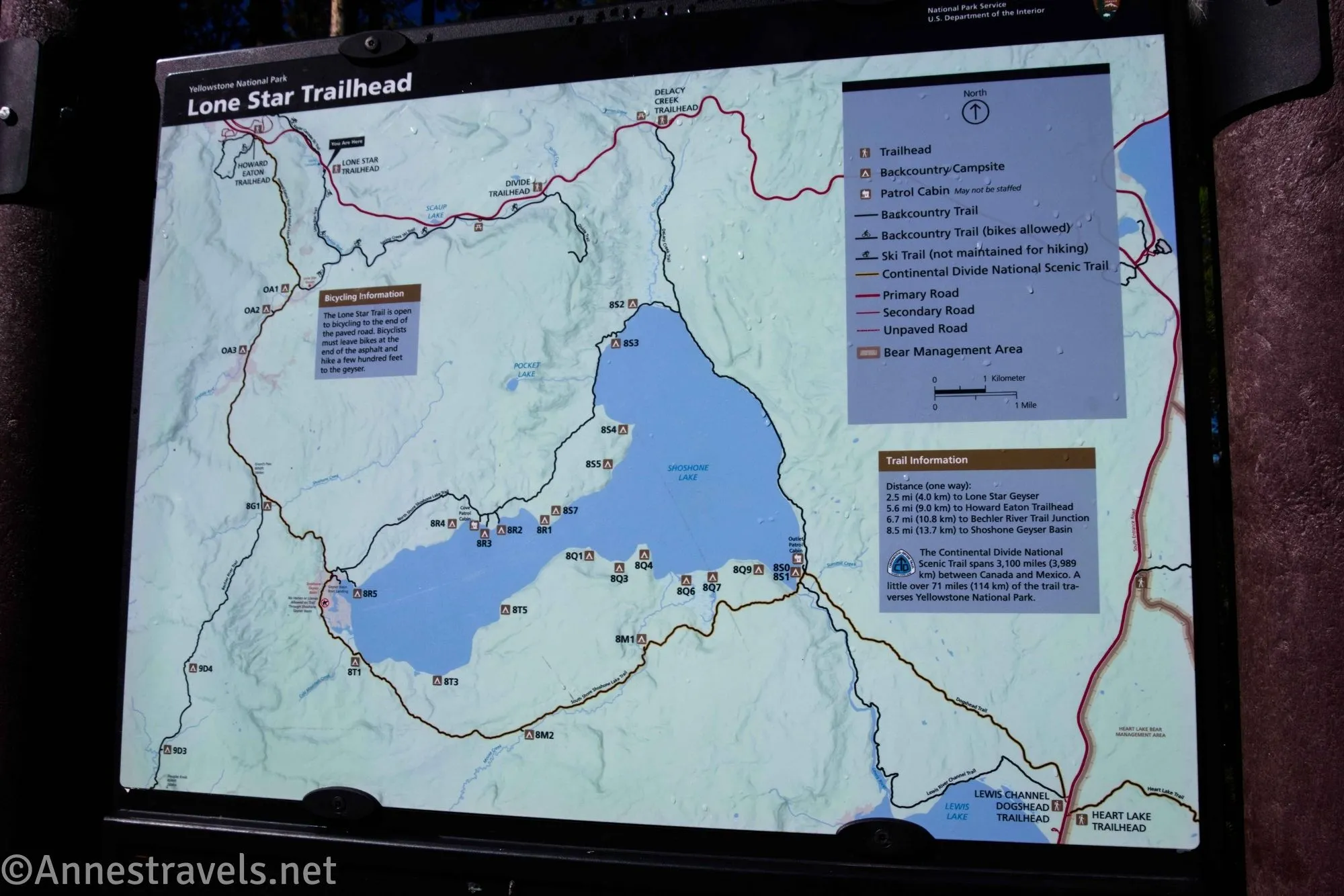 A map of Shoshone Lake and the roads and trails surrounding it with the text Lone Star Geyser Trailhead