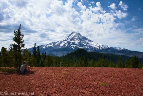 Dramatic clouds above a snowy volcano, a forested hill, and the top of a red hill, with a hiker sitting beside a dark fir tree 