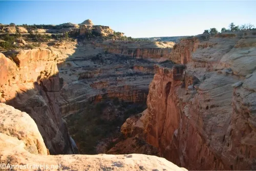 Standing on the rim of a deep canyon with sheer rock walls 