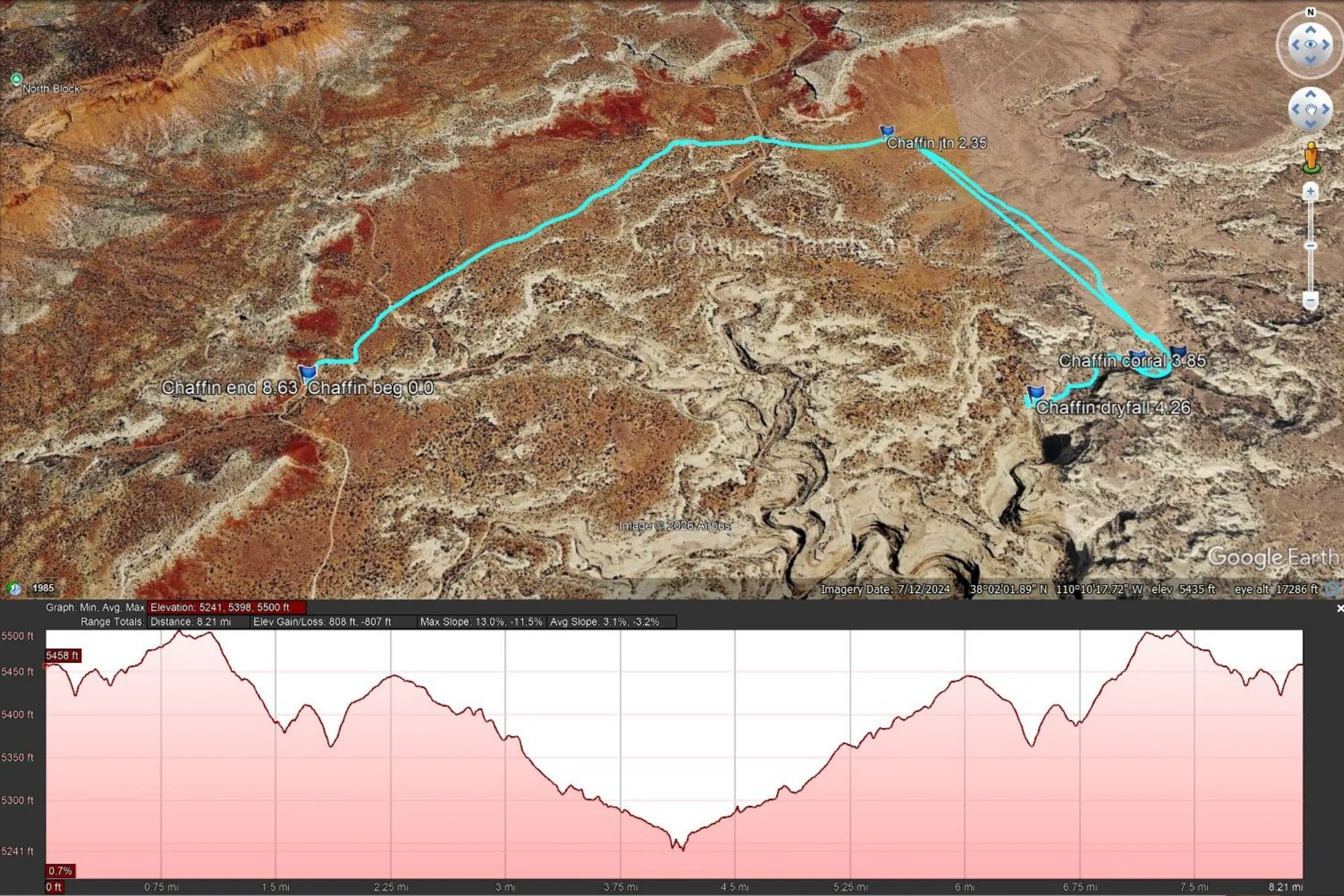 An areal map with a blue line showing part of the Waterhole Flat Road, the Chaffin Cowboy Camp Road, and the route down Waterhole Canyon with a pink elevation profile 