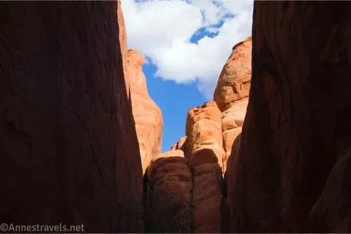 Blue skies with puffy white clouds above red sandstone fins and bordered by dark canyon walls