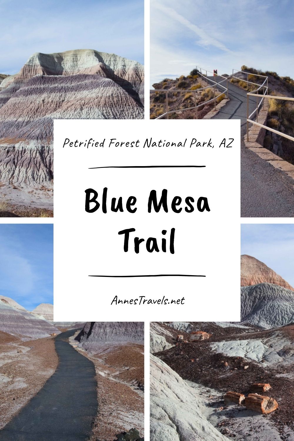 Photo collage of the Blue Mesa Trail in Petrified forest National Park, Arizona