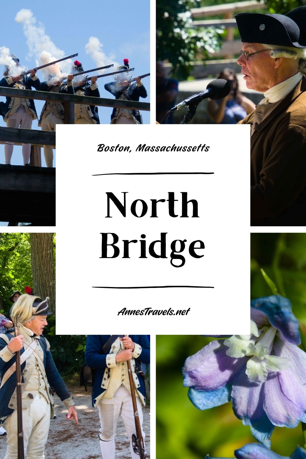 Photo collage of the 4th of July celebrations at North Bridge in Minuteman National Historical Park, Massachusetts