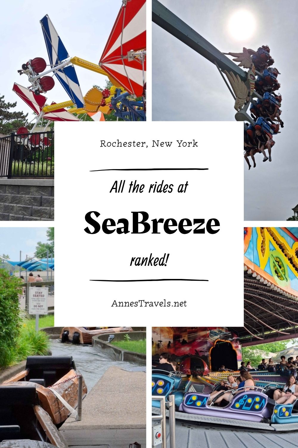 A photo collage of the rides at SeaBreeze Amusement Park in Rochester, New York