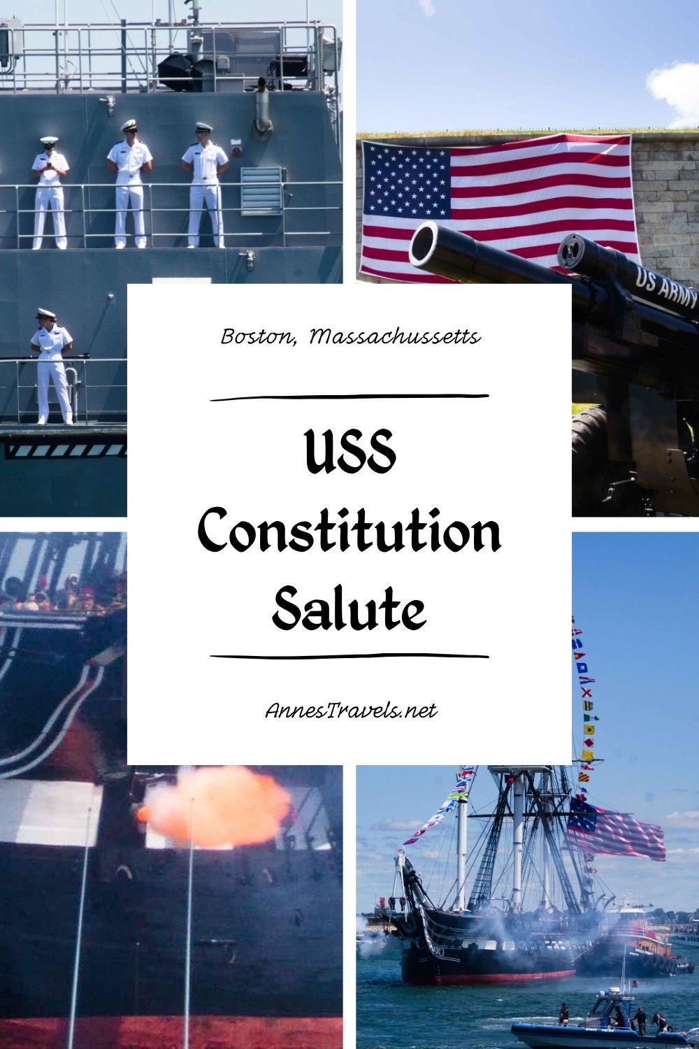 Photo collage of the firing of the cannons on the USS Constitution on July 4 in Boston, Massachusetts