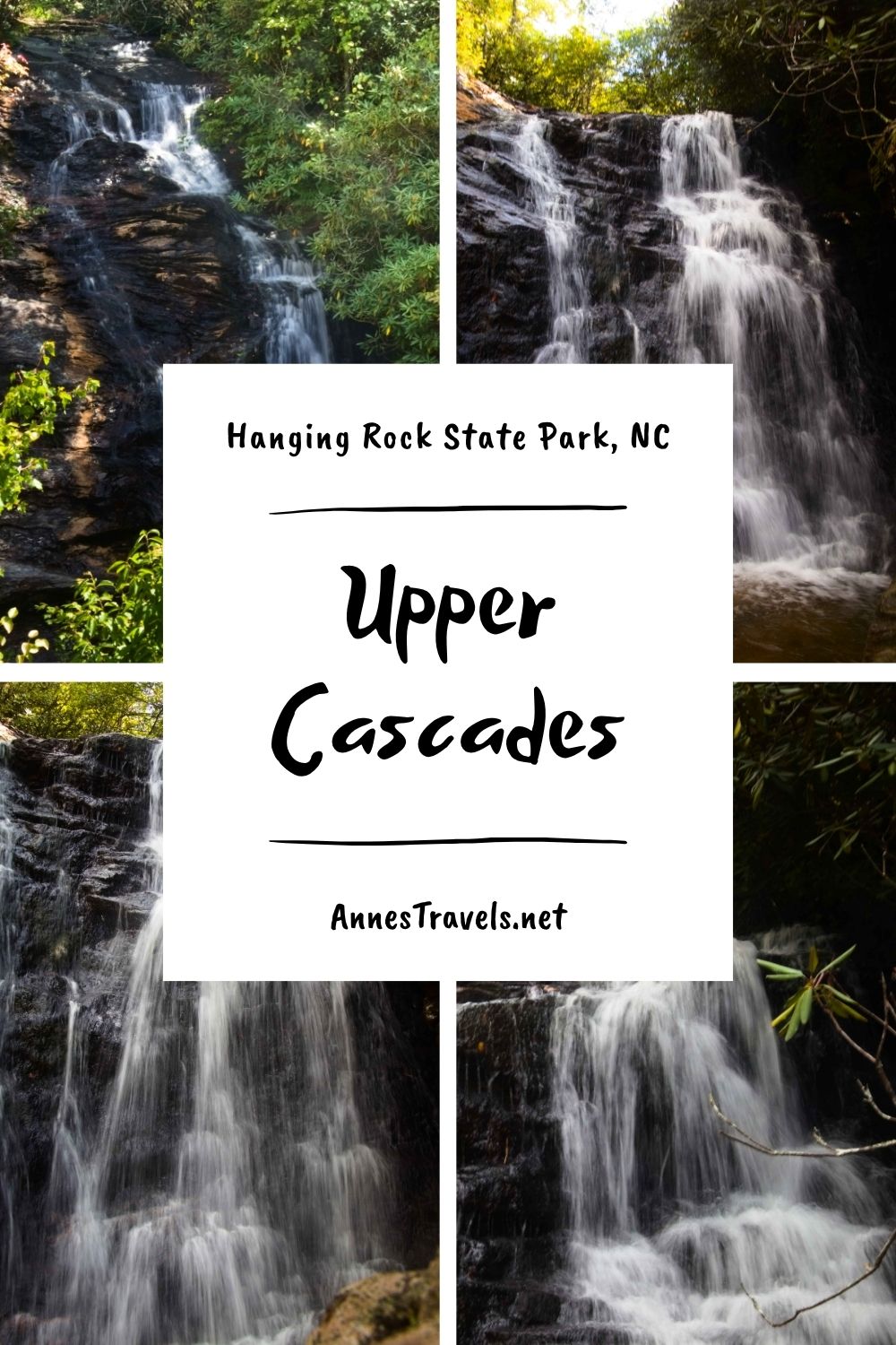 The Upper Cascades waterfall in Hanging Rock State Park, North Carolina, photo collage