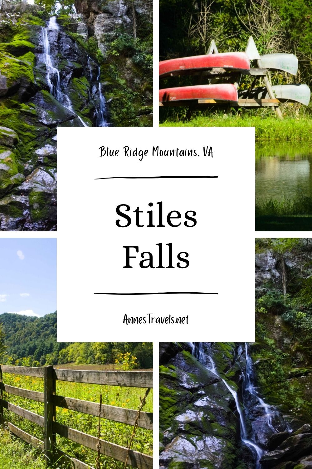 Photo collage of the trail to Stiles Falls in the Blue Ridge Mountains of Virginia