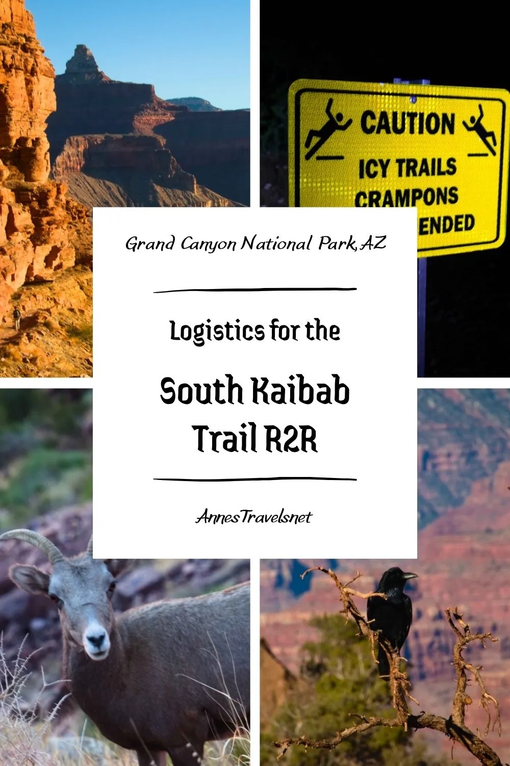 Photo collage of views from the South Kaibab Trail for the headline of logistics for hiking the trail in Grand Canyon National Park, Arizona