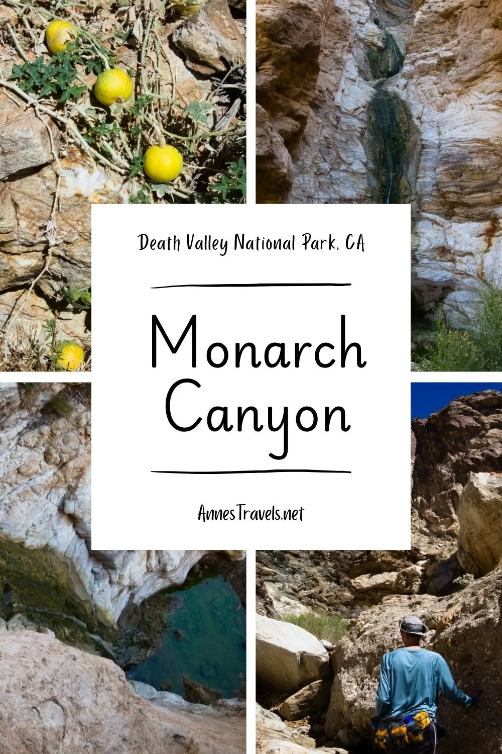 Photo collage of the canyon, waterfall, and views around Monarch Canyon in Death Valley National Park, California