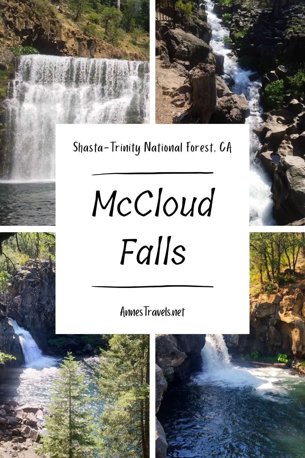 Photo collage of the waterfalls at McCloud Falls, Shasta-Trinity National Forest, California