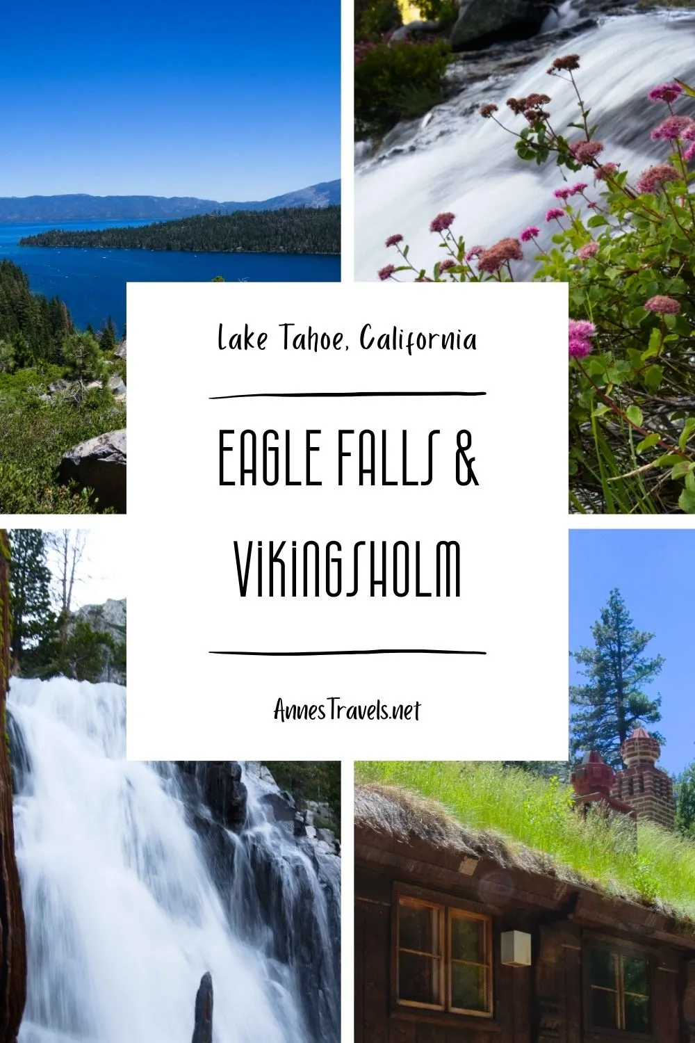 Photo collage of Eagle Falls and views on the way to Vikingsholm at Lake Tahoe, California