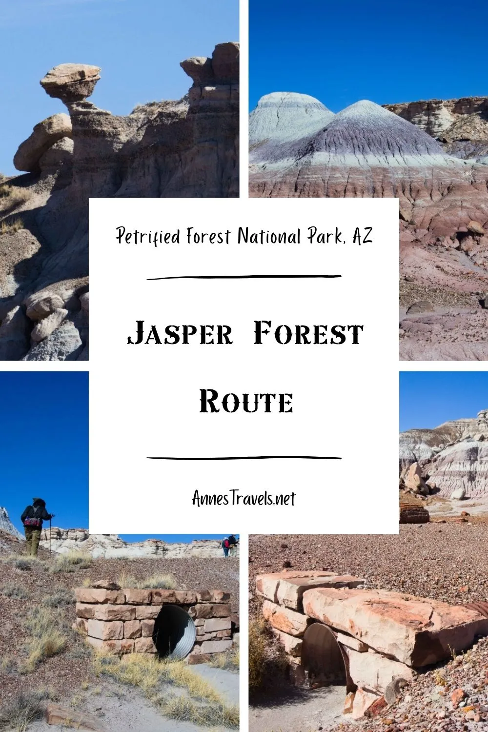 Photo collage of rock formations, badlands, petrified wood, and culverts along the Jasper Forest Route in Petrified Forest National Park, Arizona