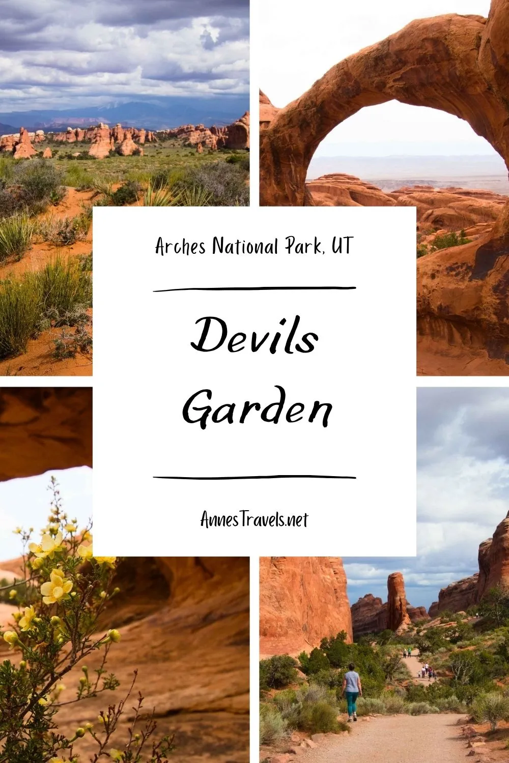 Photo collage of things to see along the Devils Garden Trail in Arches National Park, Utah