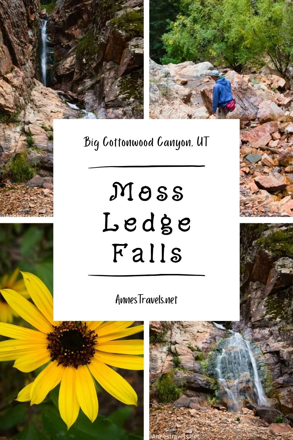 Photo collage of Moss Ledge Falls and the trail to get there in Big Cottonwood Canyon, Utah