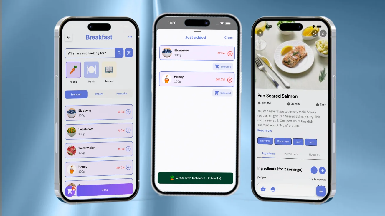 DietApp on three phones: searching foods by name with calories per 100g, the just-added tray holding blueberry and honey, and a Pan Seared Salmon recipe page with its ingredients and tags.