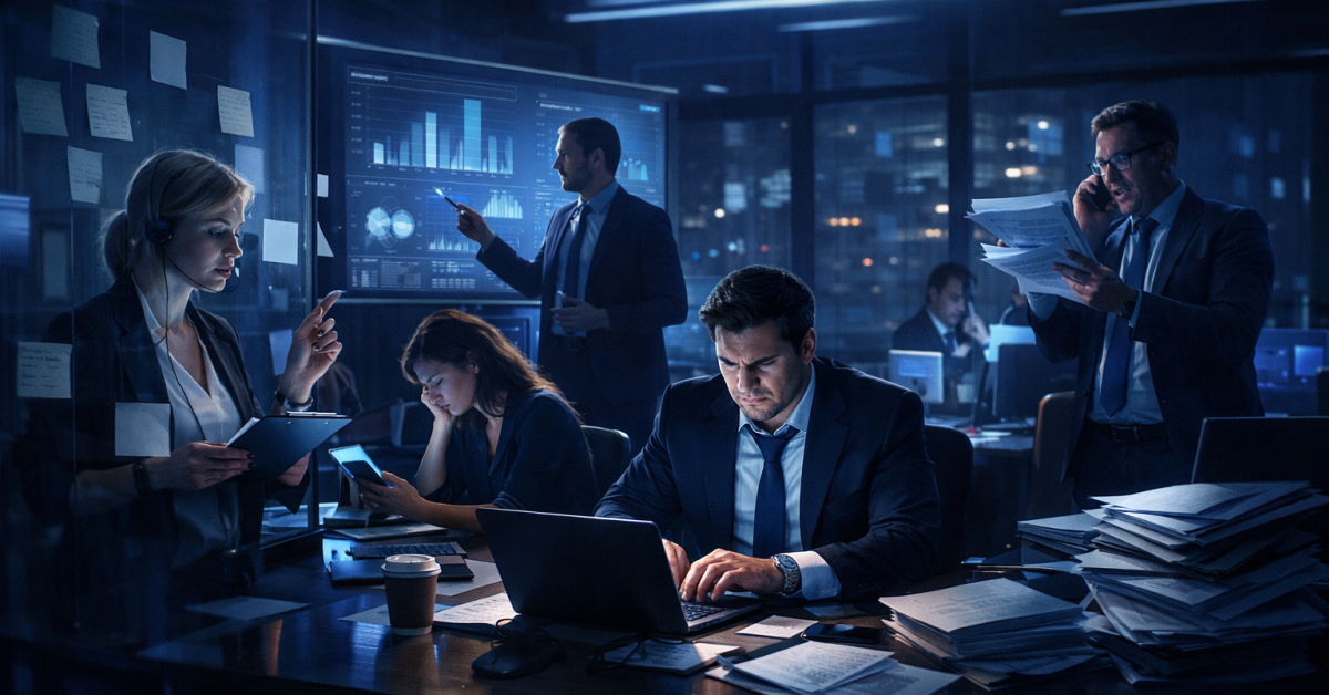office workers performing productivity theater