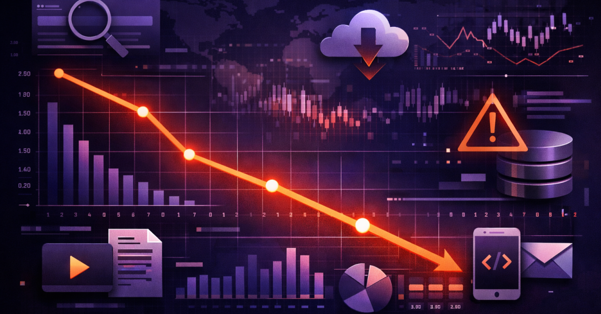 declining graph with content icons