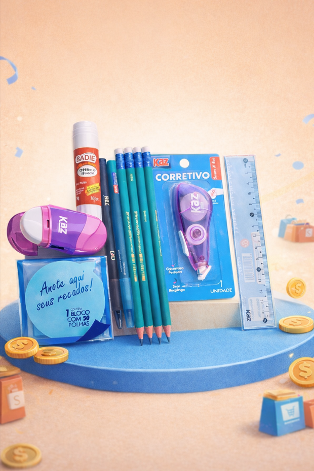 Kit Escritório Escolar com Lápis Bic Canetas Cola Régua Corretivo e Bloco