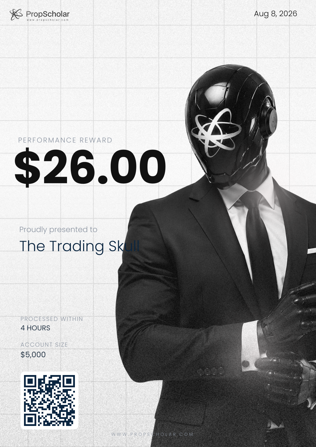 PropScholar payout certificate — The Trading Skull, $26, August 8, 2026