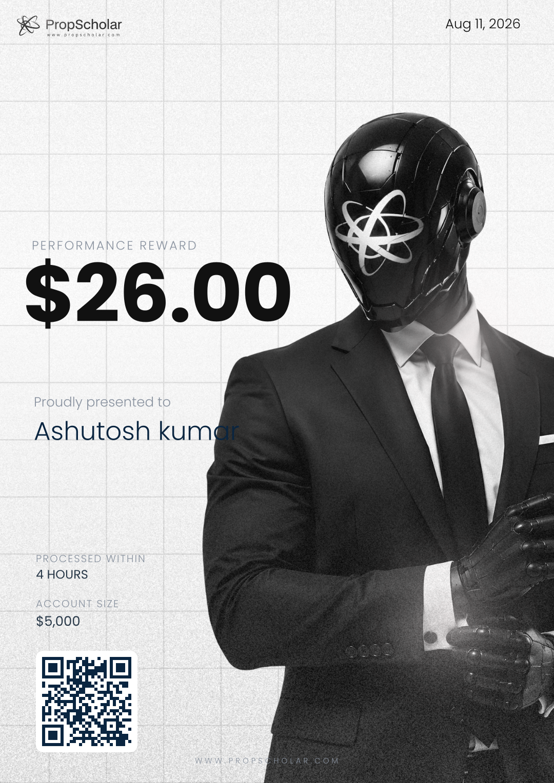 PropScholar payout certificate — Ashutosh kumar, $26, August 11, 2026
