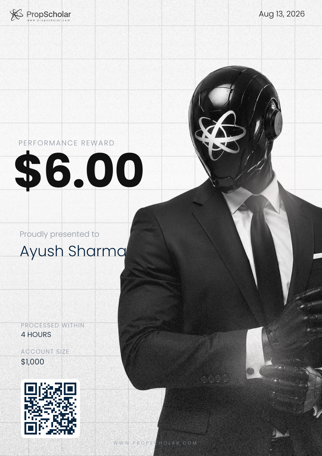 PropScholar payout certificate — Ayush Sharma, $6, August 13, 2026