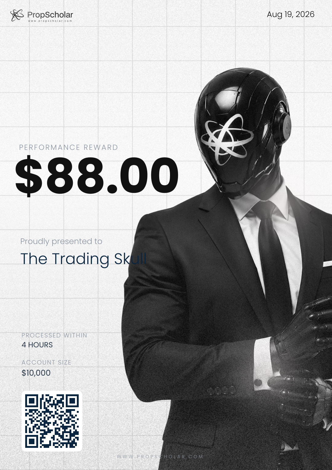 PropScholar payout certificate — The Trading Skull, $88, August 19, 2026