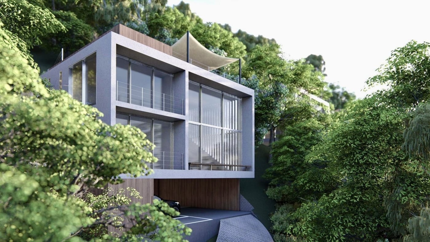 Volumes modulares com revestimento em madeira e vidro
