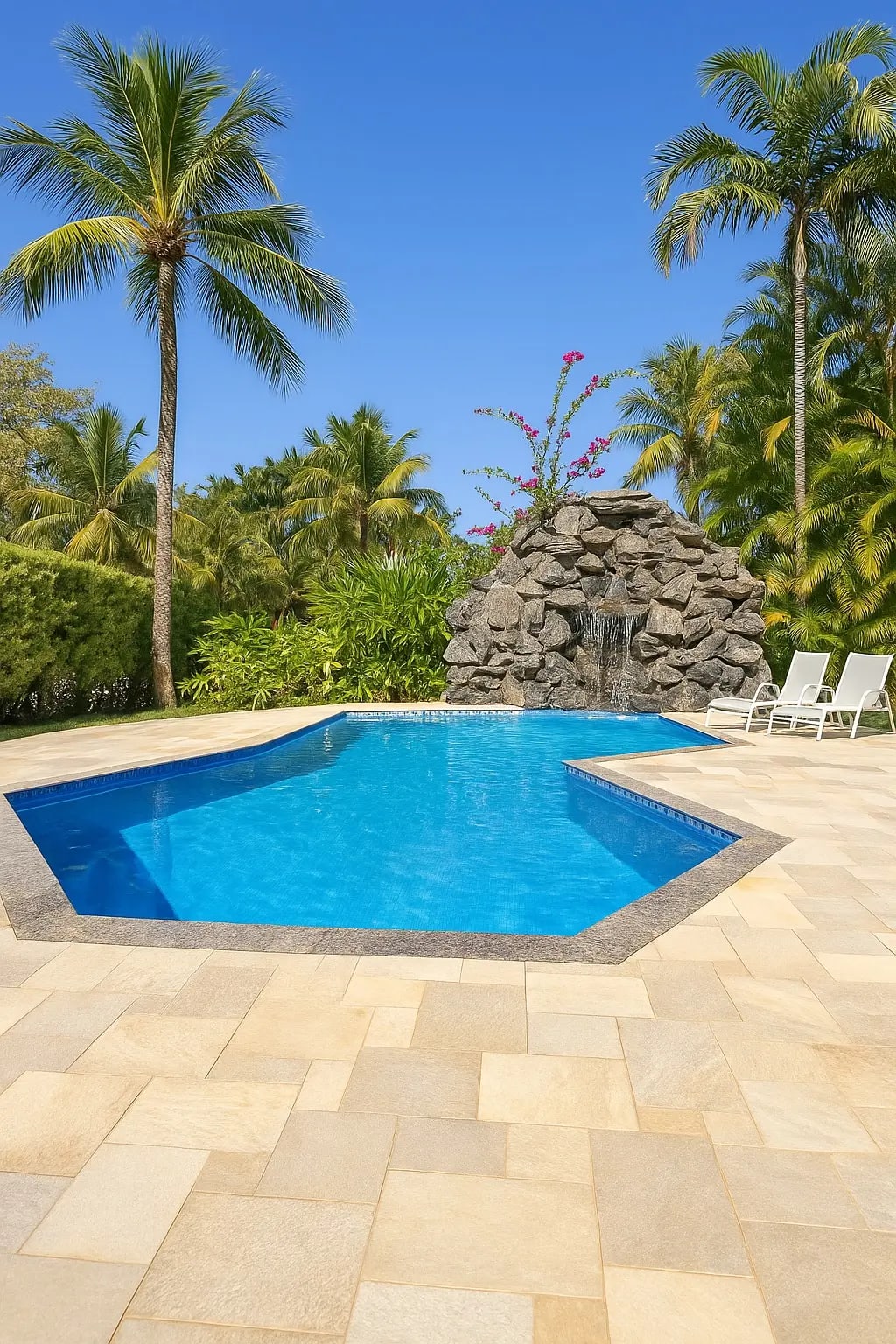 Piscina com deck em pedra natural e palmeiras