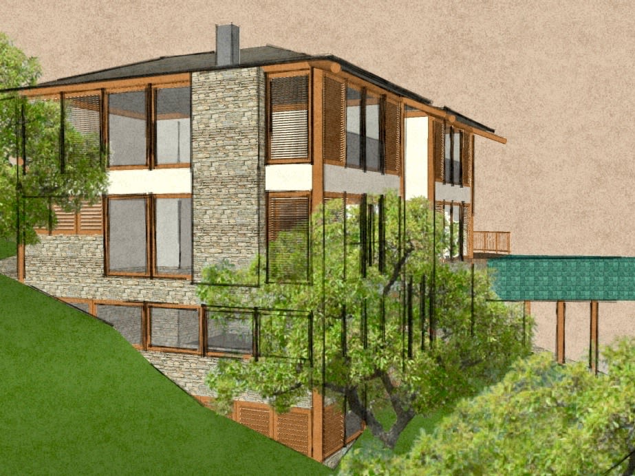 Renderização da fachada com pedra natural e madeira