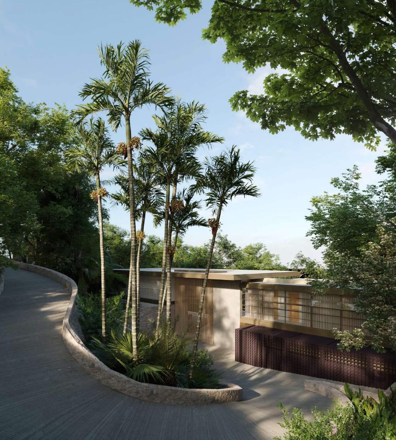 Fachada contemporânea integrada à vegetação tropical