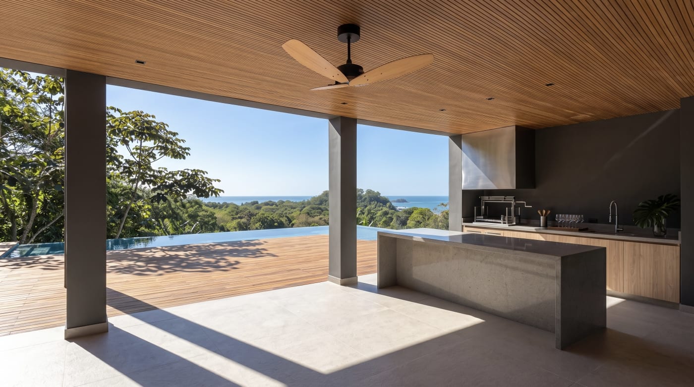 Espaço gourmet integrado com deck e vista