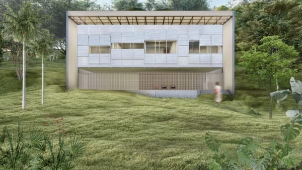 Fachada frontal com amplas esquadrias e jardim
